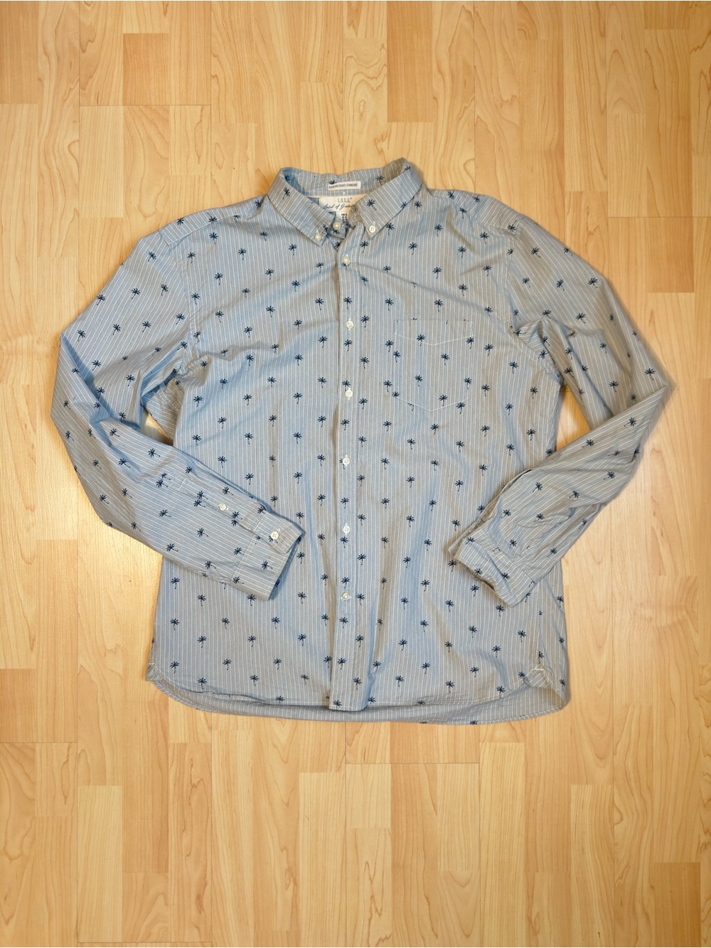 Striped Light Blue Palm-Print Long-Sleeve Button-Down Shirt